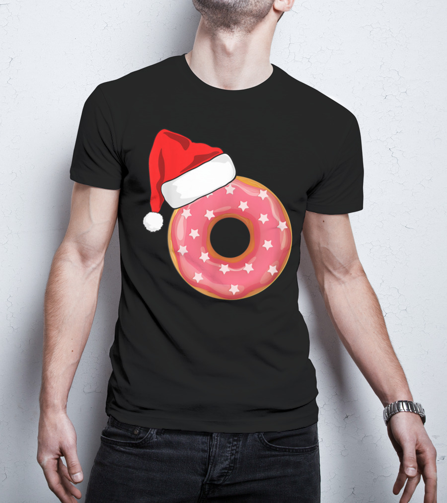 Santa Hat On Pink Strawberry Donut With Stars T-Shirt
