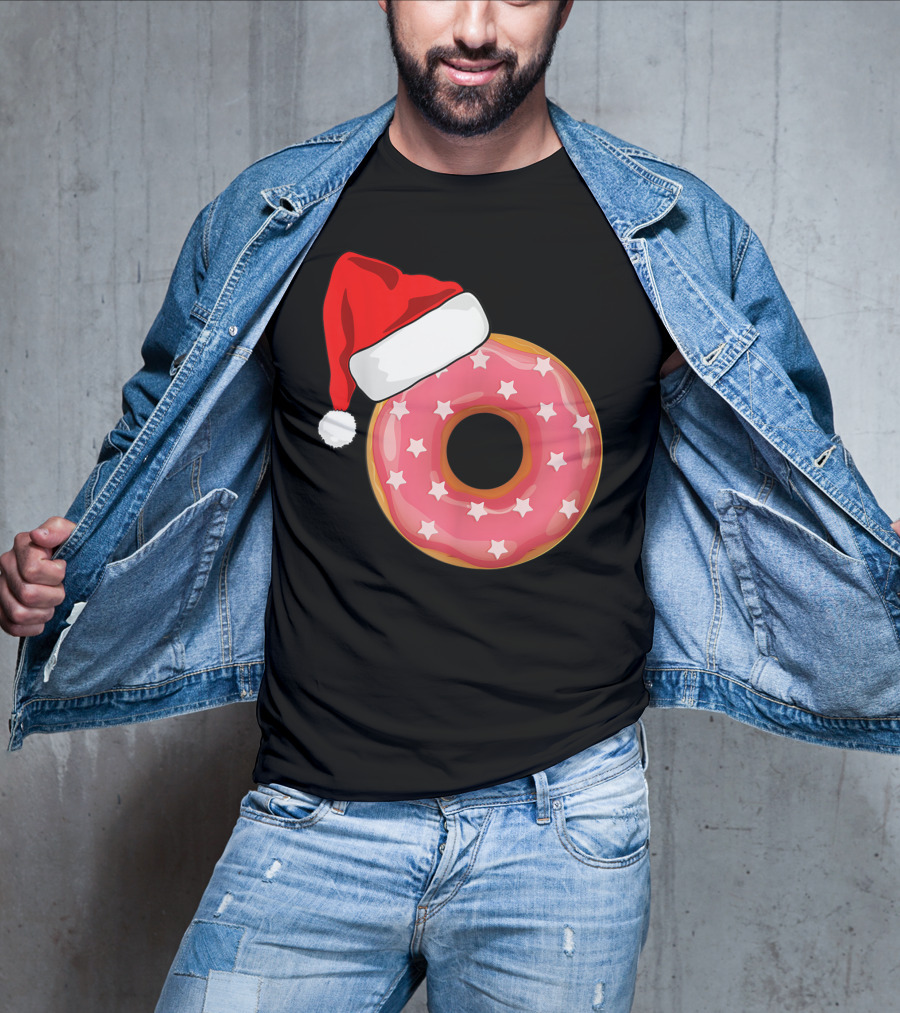 Santa Hat On Pink Strawberry Donut With Stars T-Shirt