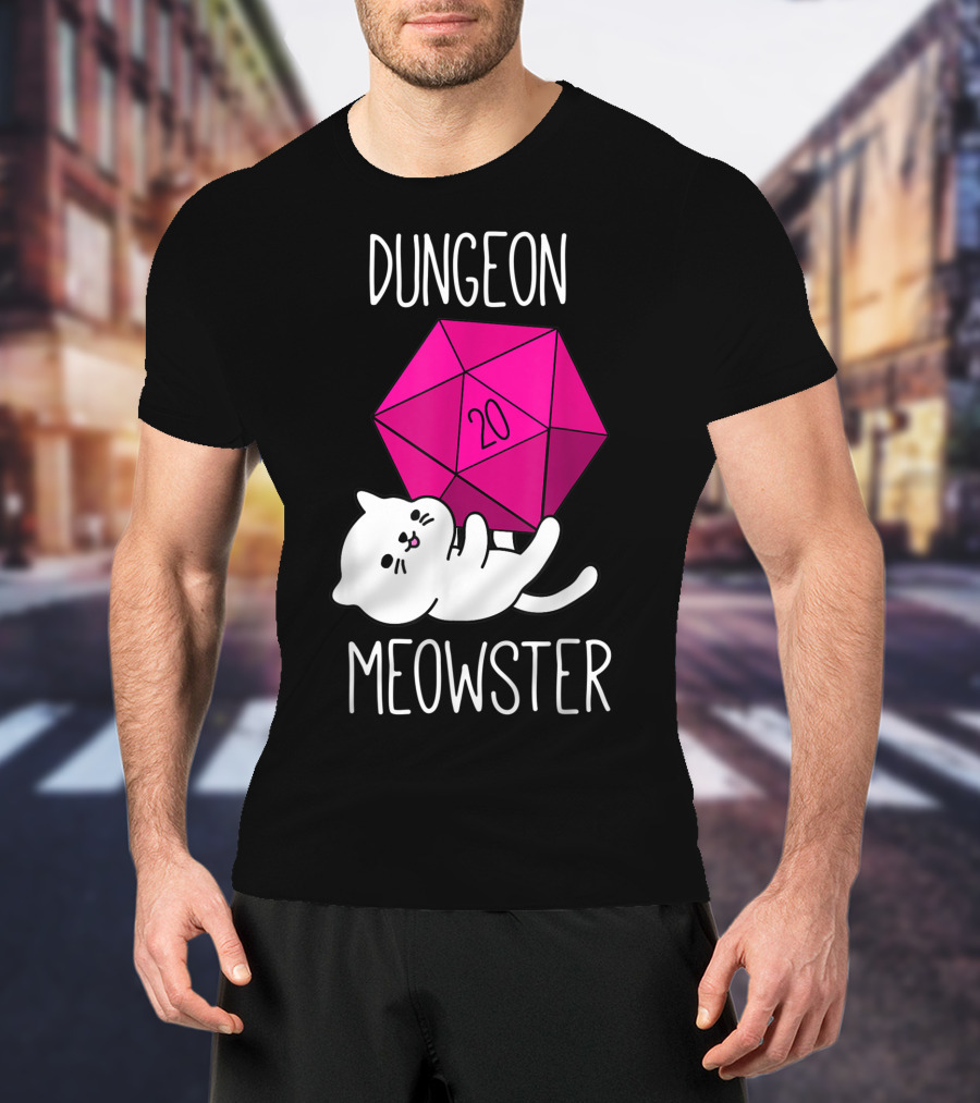 Dungeon Meowster Funny Nerdy Cat D20 Dice T-Shirt