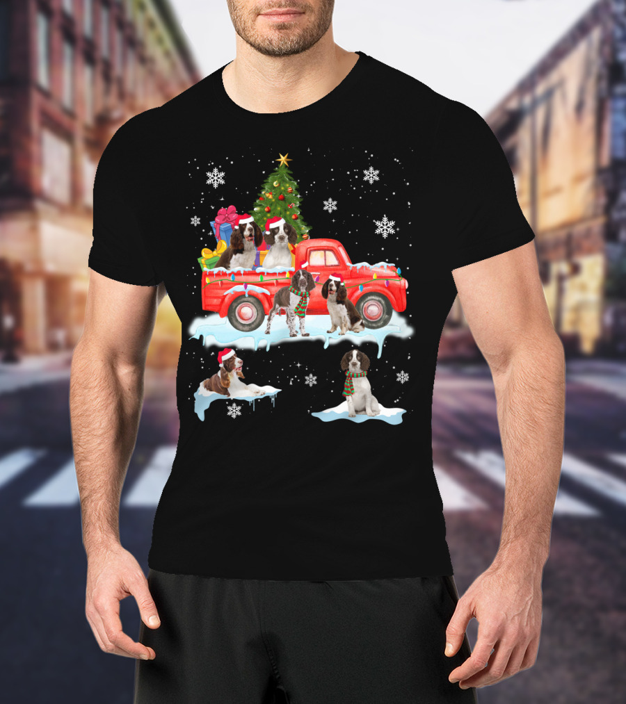 English Springer Spaniel Christmas Scene With Santa Hats On Red Truck And Snowflakes T-Shirt
