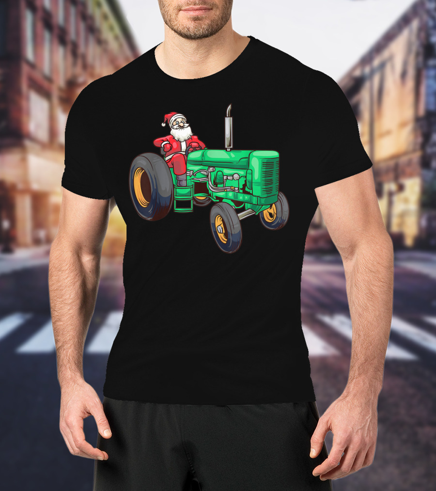 Santa Claus Riding Green Farm Tractor T-Shirt