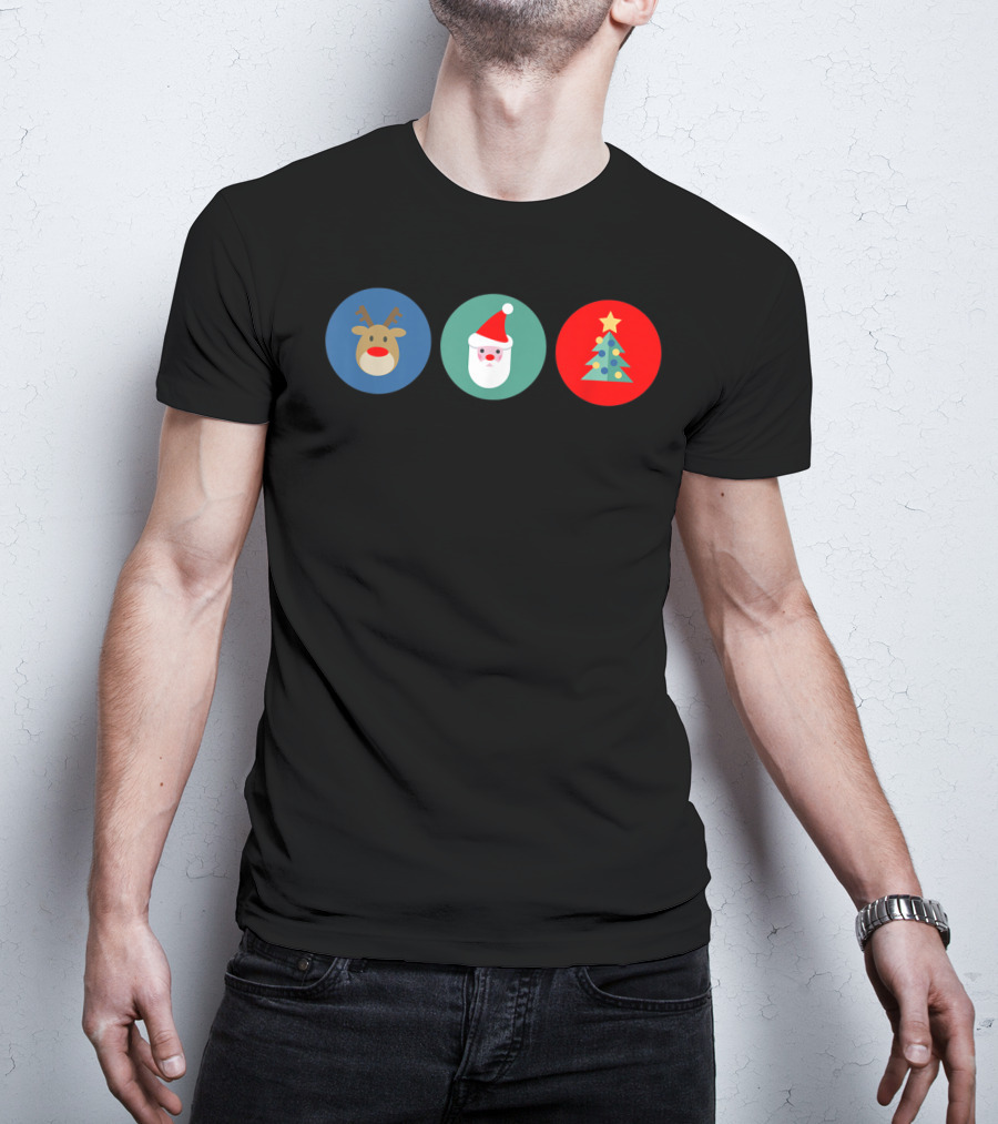 Festive Bright Colorful Reindeer Santa Tree Christmas Icons T-Shirt