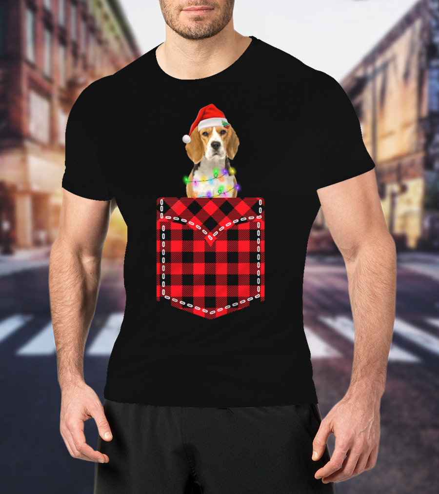 Funny Beagle Santa Hat Buffalo Plaid Xmas Lights In Pocket T-Shirt