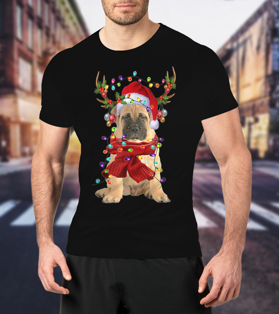 Festive Bull Mastiff Reindeer Lights Christmas Dog T-Shirt