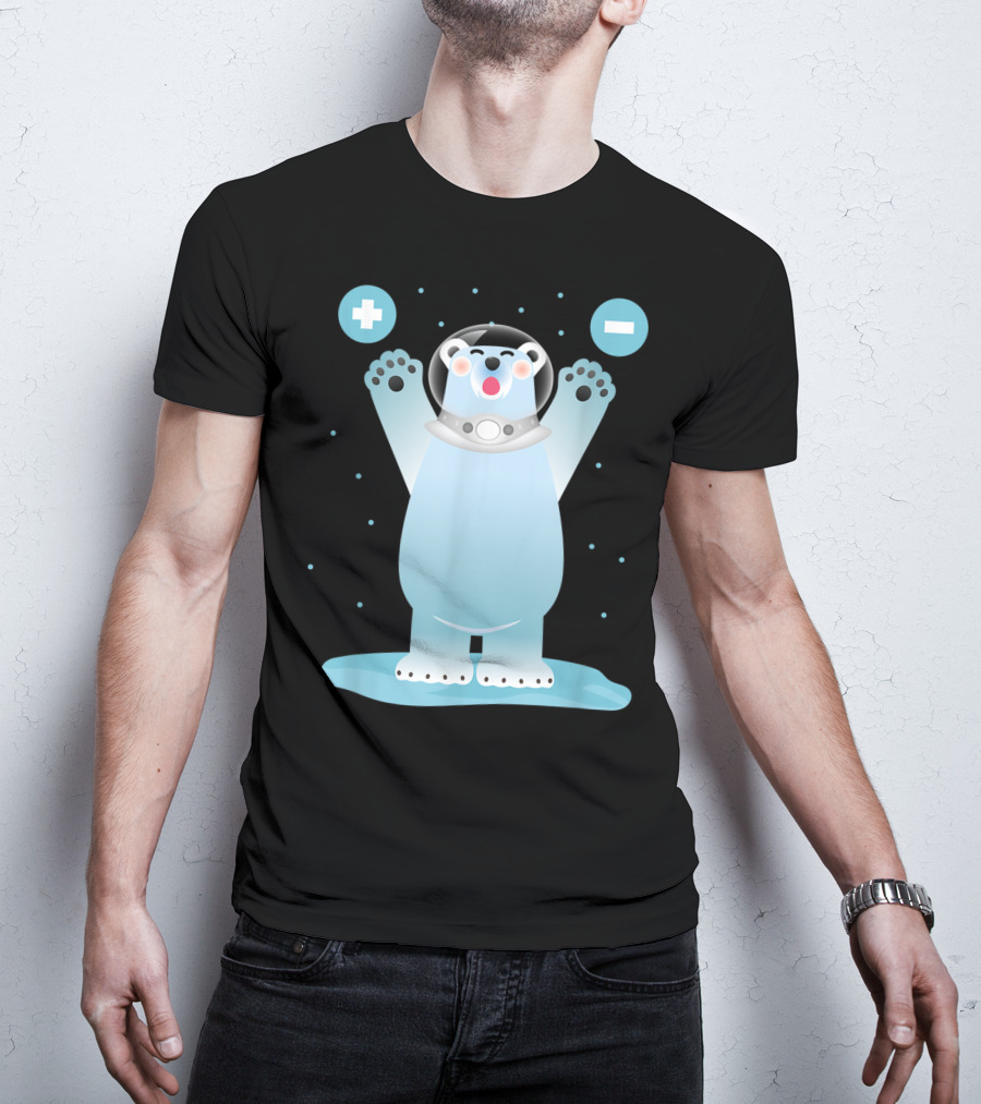 Funny Polar Bear In Space Helmet With Plus And Minus Chemistry Symbols T-Shirt