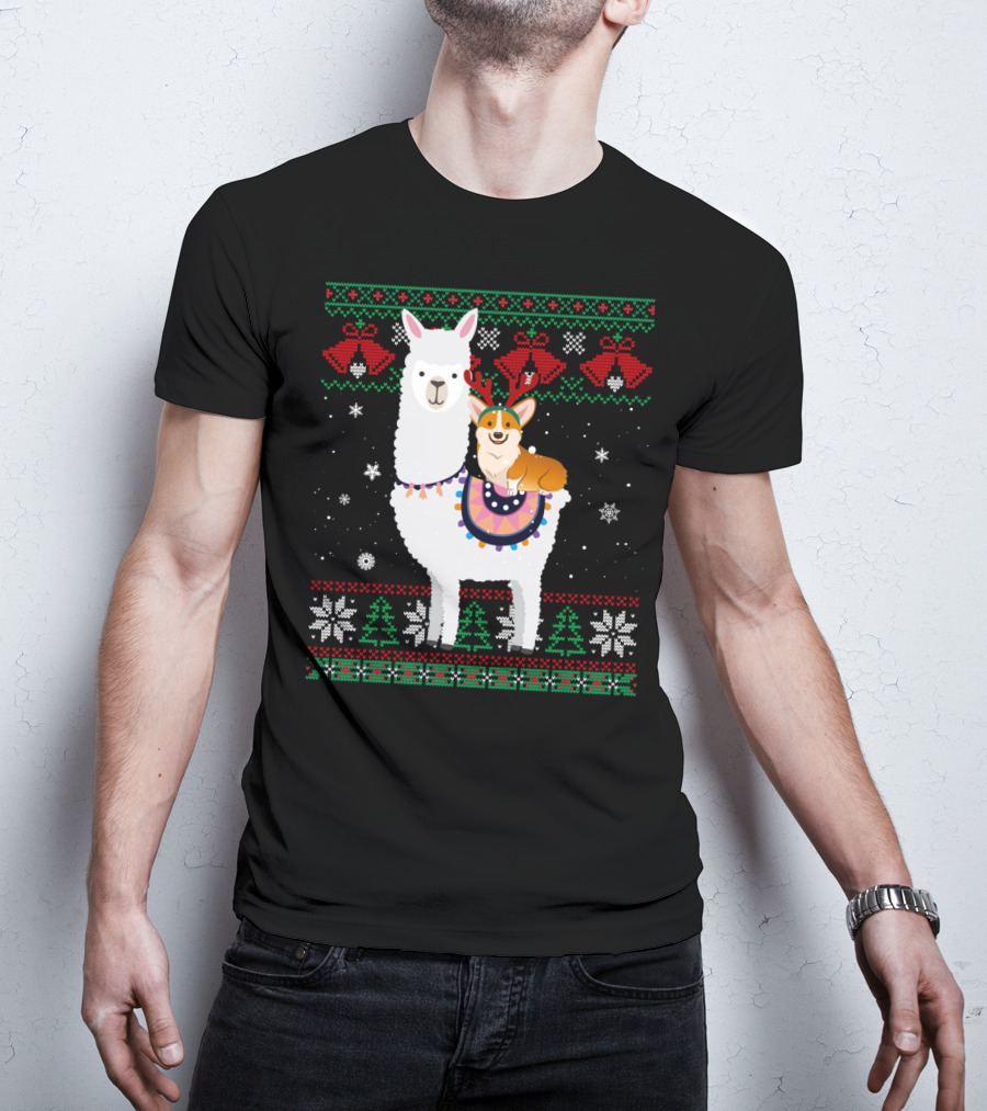 Christmas Corgi Riding Llama With Snowflakes And Reindeer Antlers T-Shirt