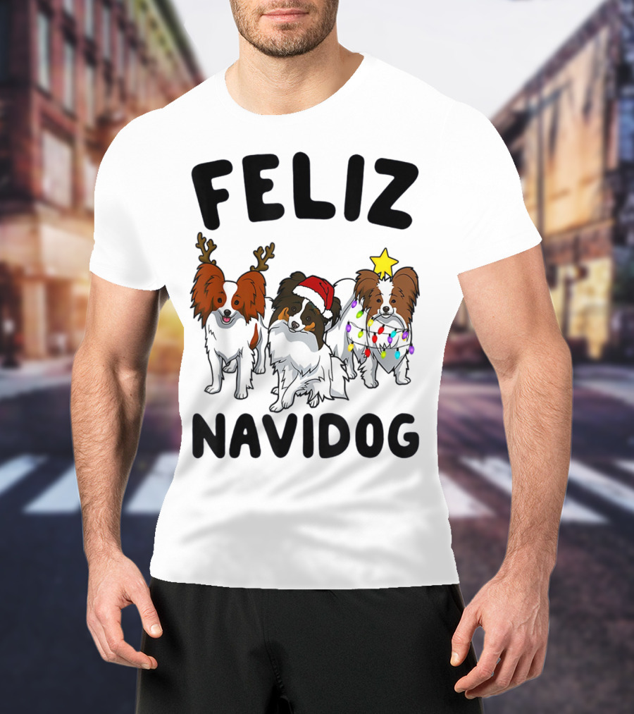 Feliz Navidog Funny Papillon Reindeer Santa Hat Christmas Lights T-Shirt