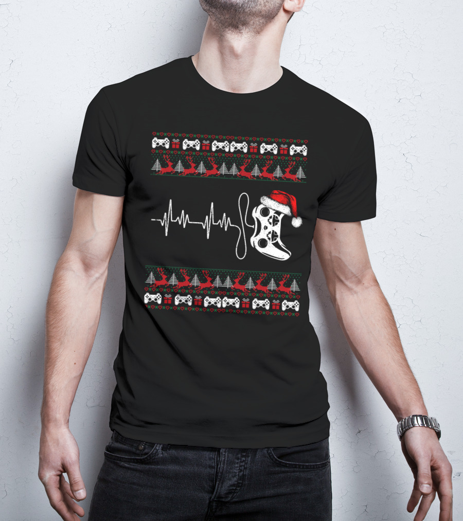 Gamer Heartbeat Christmas Controller Santa Hat Trees Reindeer T-Shirt