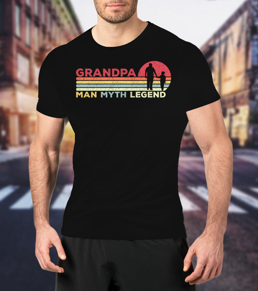 Grandpa Man Myth Legend Vintage Mens Dad Silhouette Sunset T-Shirt