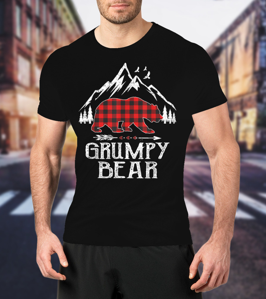 Grumpy Bear Red Plaid Buffalo Mountain Christmas Forest T-Shirt