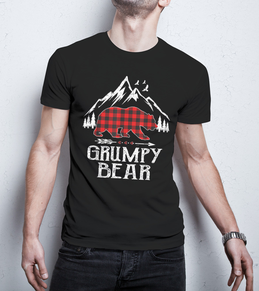 Grumpy Bear Red Plaid Buffalo Mountain Christmas Forest T-Shirt