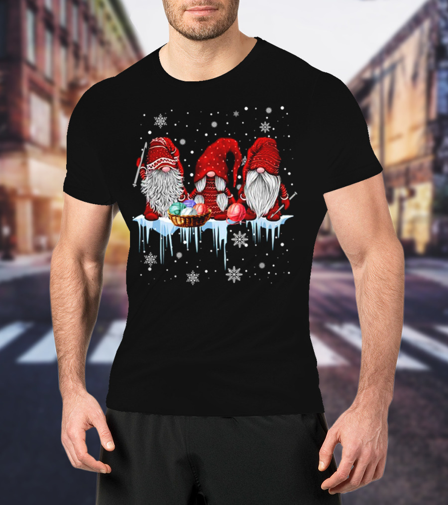 Hanging With Red Gnomies Crochet Funny Gnome Snowflakes And Yarn On Ice T-Shirt