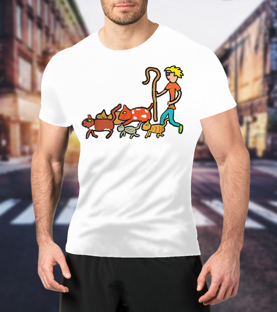 Herding Cats Cartoon Shepherd With Colorful Cats Scene T-Shirt