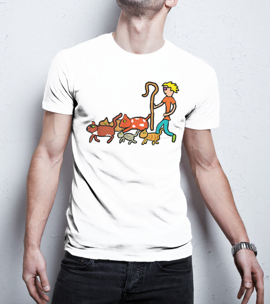 Herding Cats Cartoon Shepherd With Colorful Cats Scene T-Shirt
