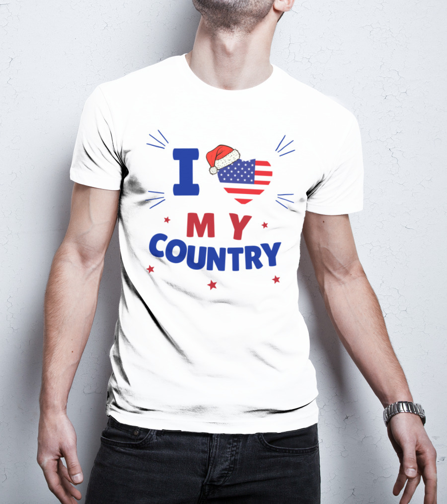 I Love My Country Heart Flag Santa Hat Patriotic Merry Christmas T-Shirt