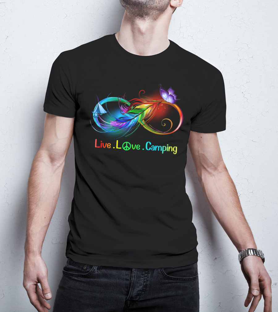 Live Love Camping Hippie Peace Infinity Rainbow Feather Tent Butterfly T-Shirt