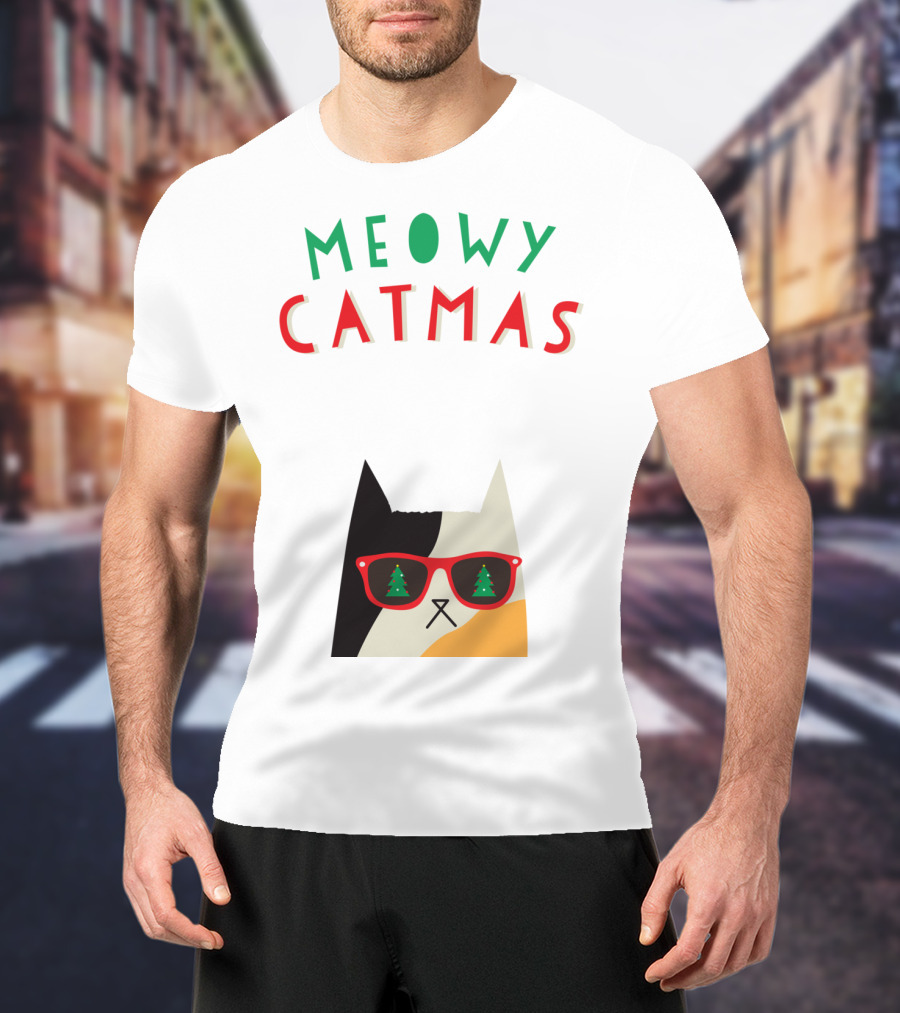 Meowy Catmas Christmas Calico Cat With Sunglasses And Trees T-Shirt