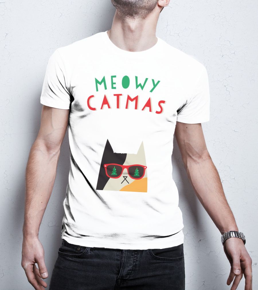Meowy Catmas Christmas Calico Cat With Sunglasses And Trees T-Shirt