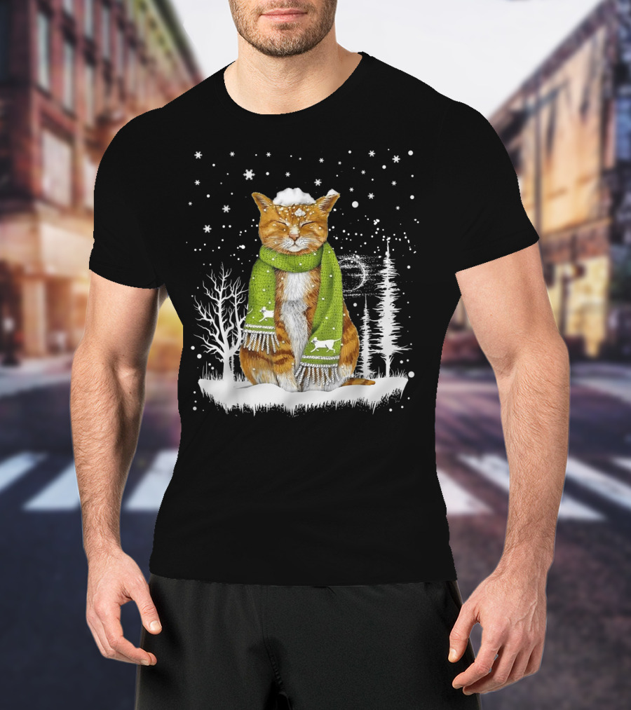 Meowy Xmas Christmas Cats In Snow With Green Scarf And Reindeer T-Shirt