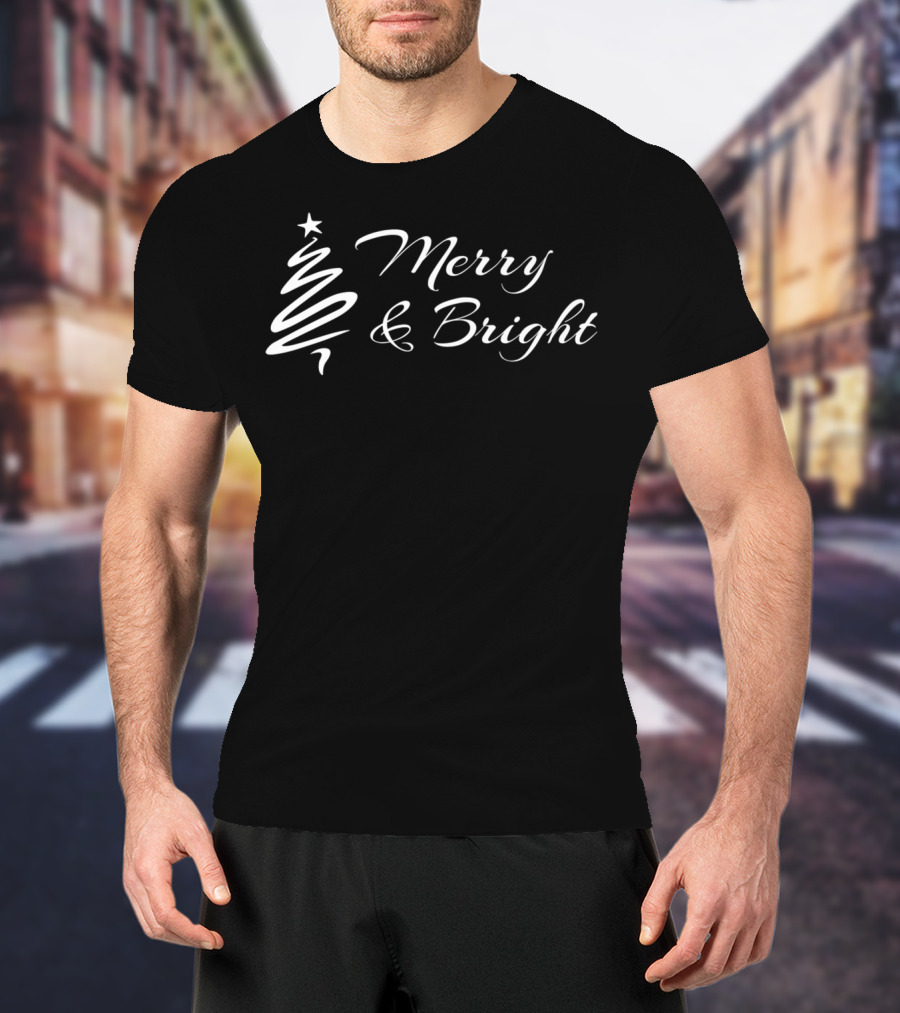 Merry And Bright Christmas Tree Design With Swirling Star Topper T-Shirt