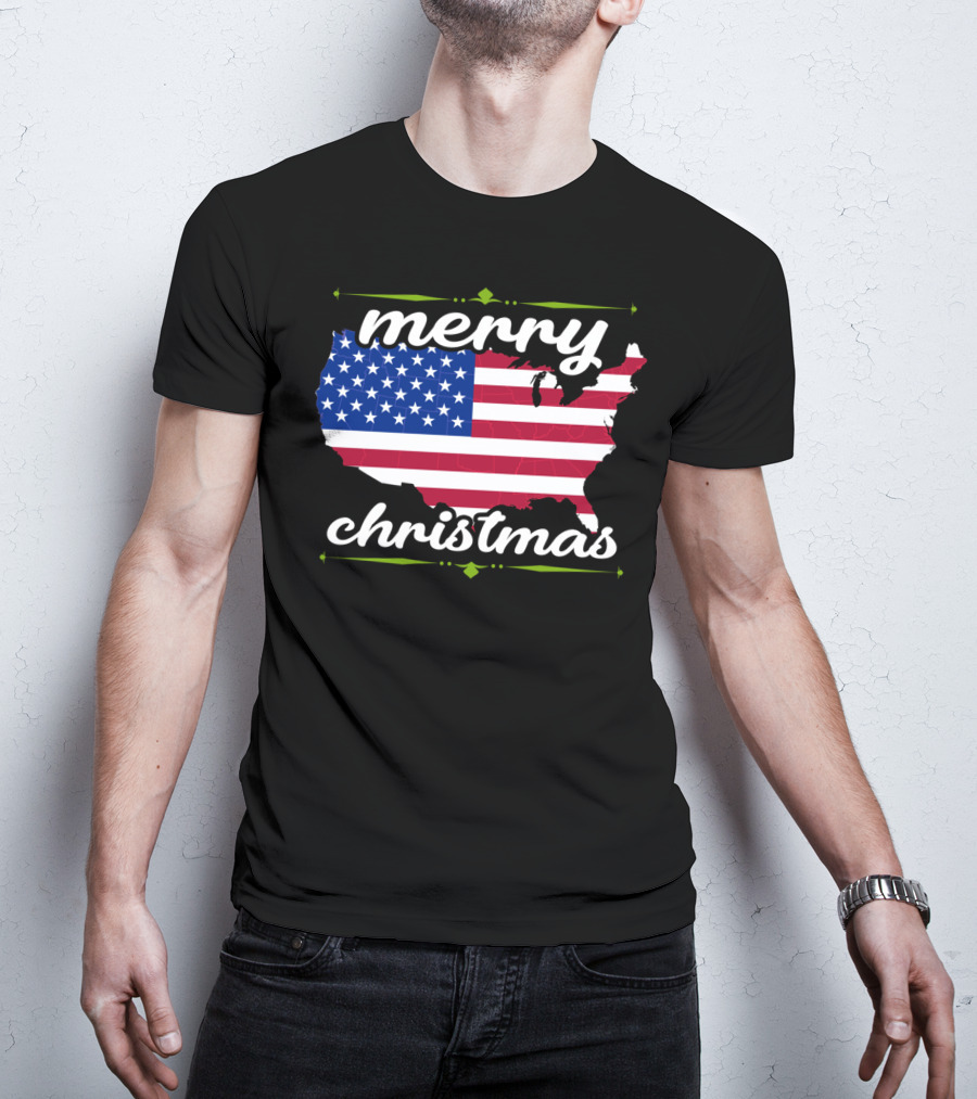 Merry Christmas USA Flag Map T-Shirt