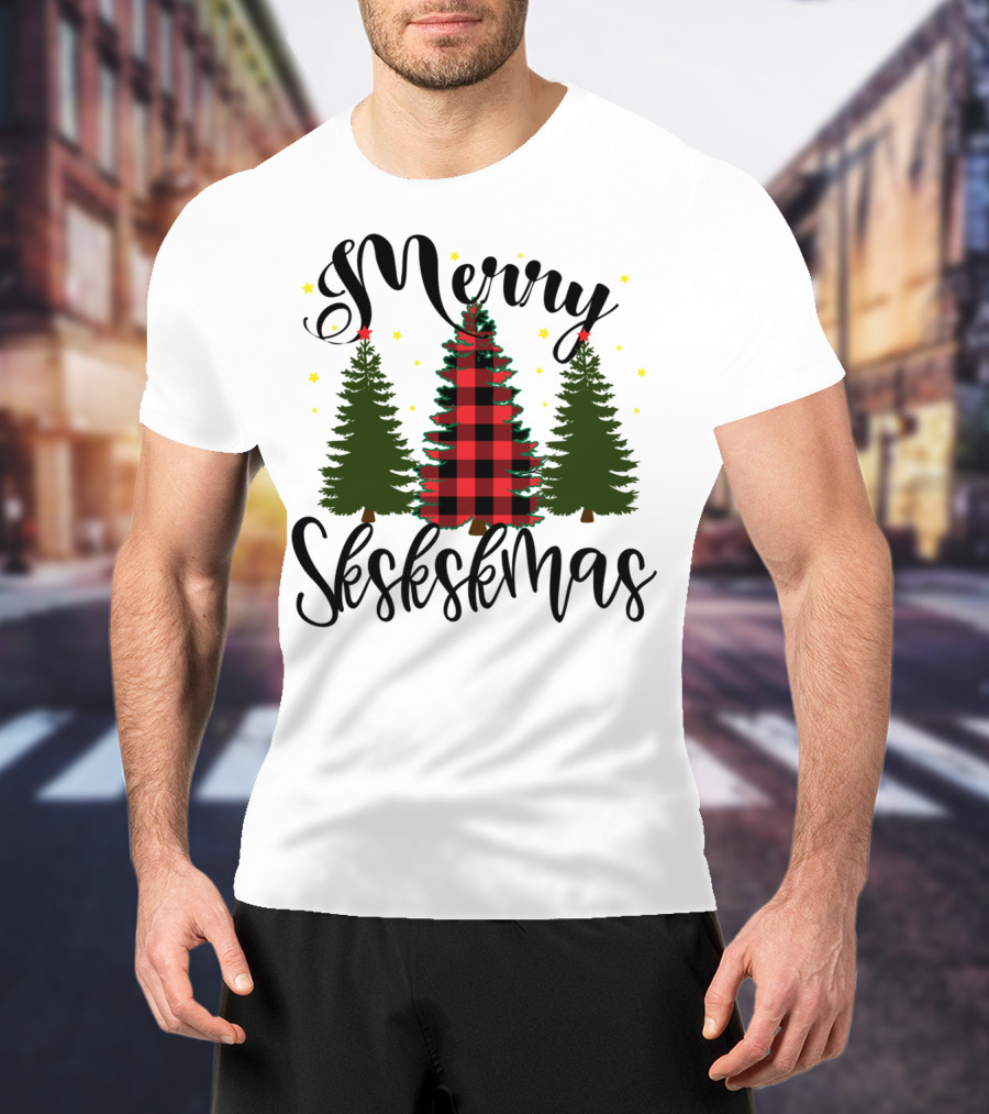 Merry Skskskmas Plaid Trees Scrunchie Visco Holiday T-Shirt