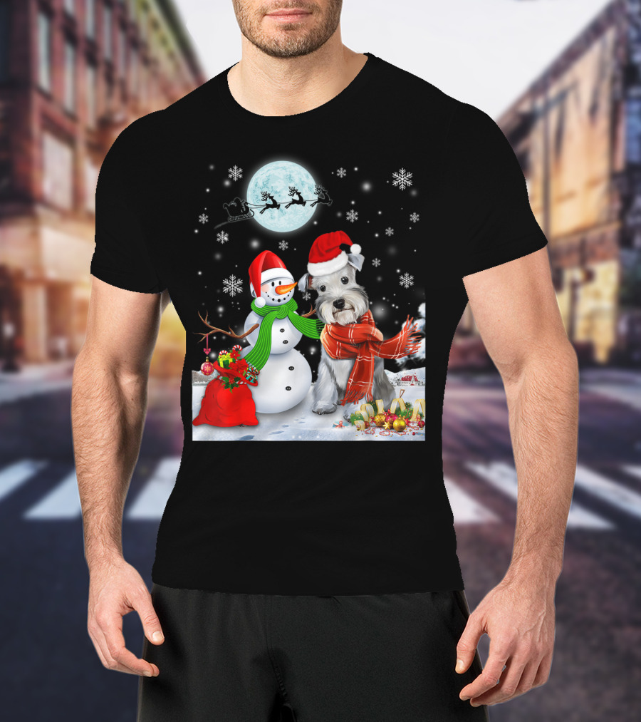 Miniature Schnauzer Santa Snowman Christmas Moon Snowflakes T-Shirt