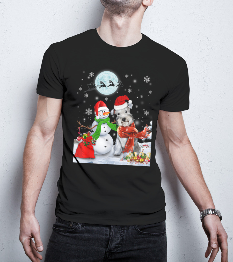 Miniature Schnauzer Santa Snowman Christmas Moon Snowflakes T-Shirt