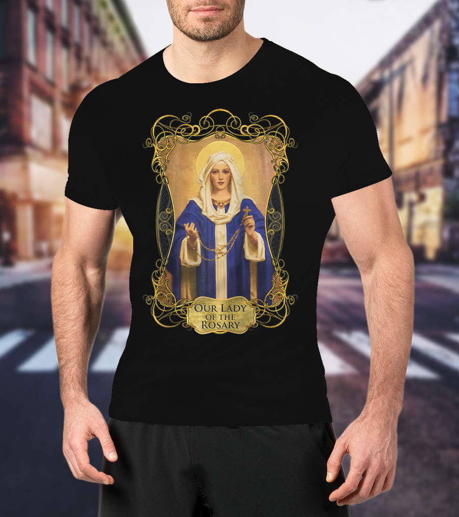 Our Lady Of The Rosary Catholic Prayer Blessed Virgin Mary Icon With Rosary Beads And Cross T-Shirt