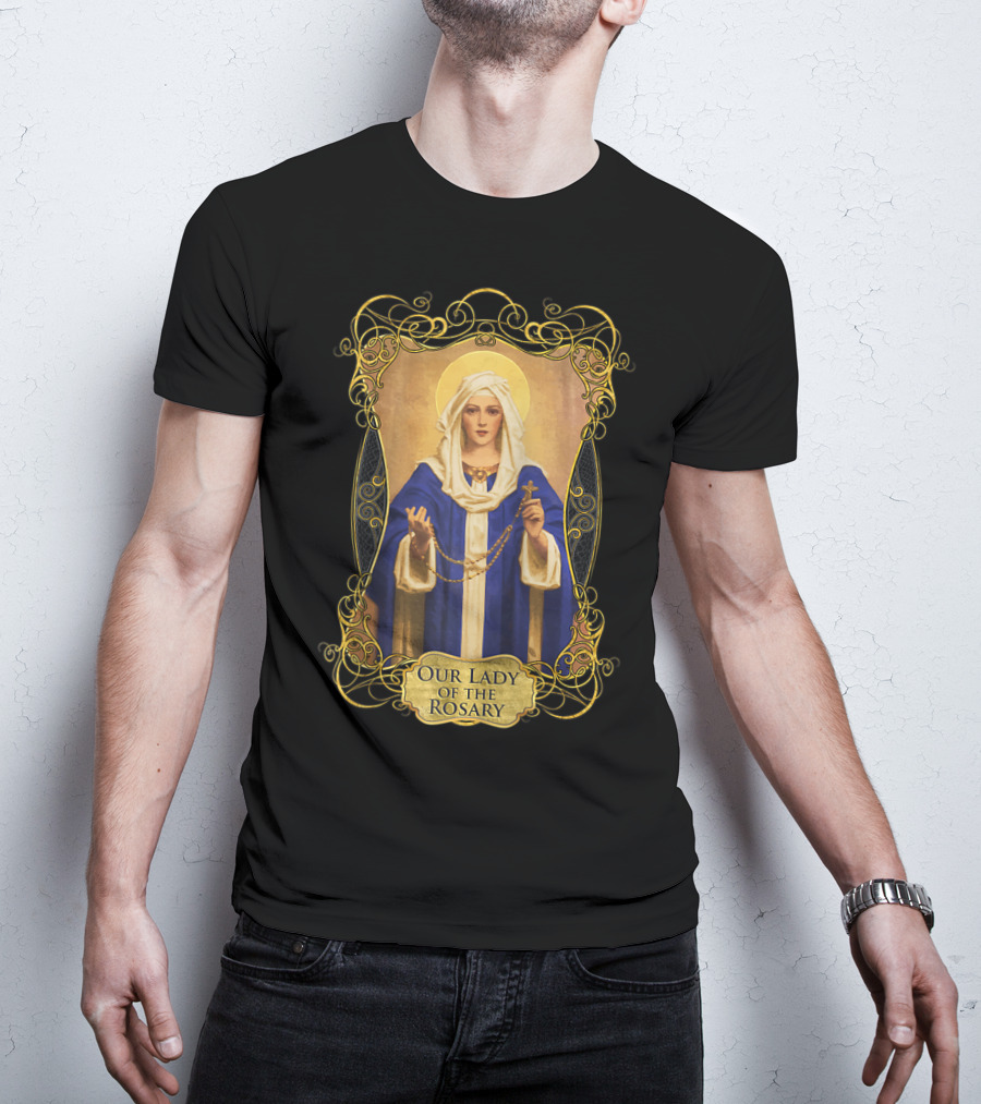 Our Lady Of The Rosary Catholic Prayer Blessed Virgin Mary Icon With Rosary Beads And Cross T-Shirt