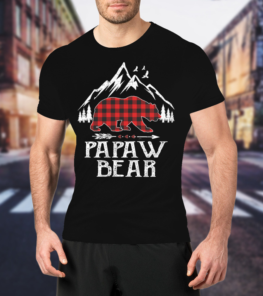 Papaw Bear Christmas Red Plaid Buffalo Mountain Scene T-Shirt