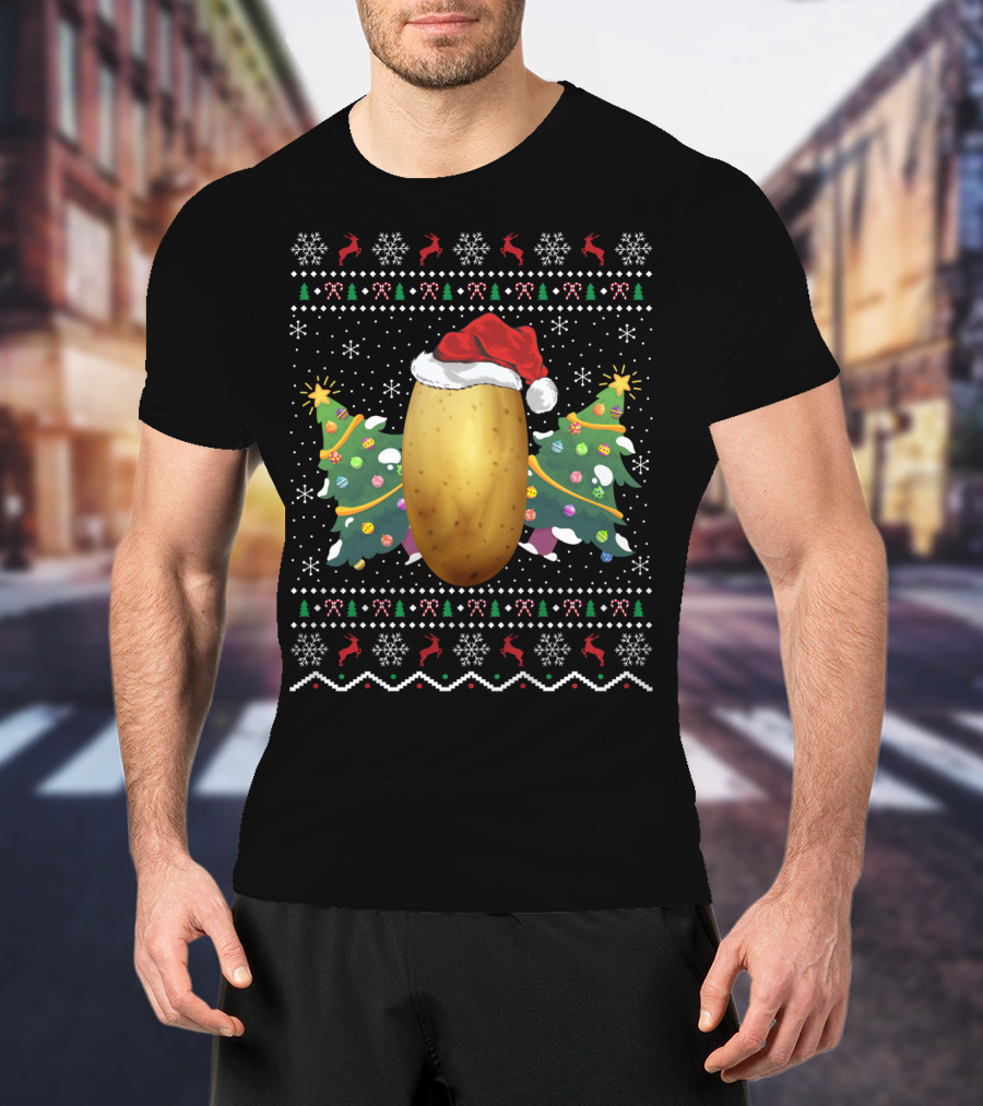 Potato Lover Christmas Ugly Sweater Santa Hat Reindeer Snowflakes Christmas Tree T-Shirt