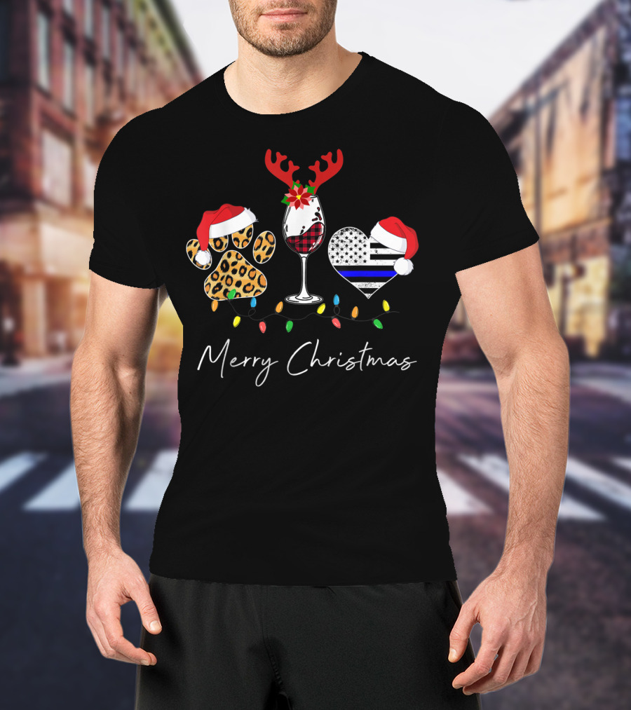 Red Plaid Wine Glass Leopard Dog Paw Blue Line Heart Merry Christmas T-Shirt