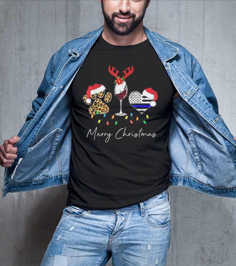 Red Plaid Wine Glass Leopard Dog Paw Blue Line Heart Merry Christmas T-Shirt