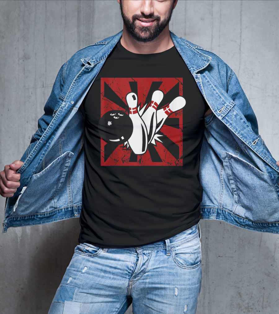 Retro Vintage Bowling Funny Striking Bowler Bowl Pins Explosion T-Shirt
