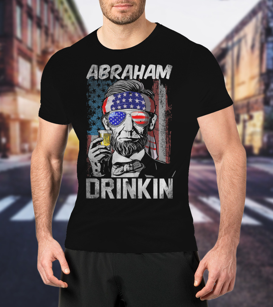 Abraham Drinkin Funny Abe Lincoln Merica USA Flag Bandana Sunglasses Beer T-Shirt