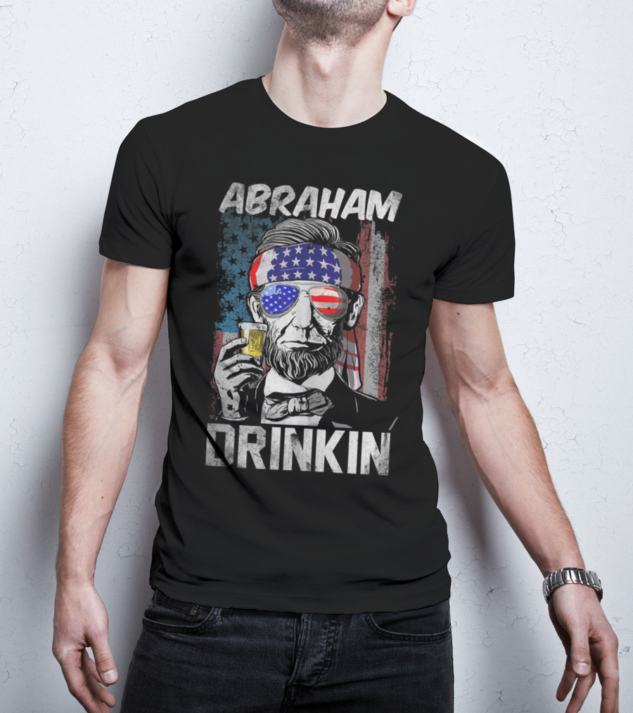 Abraham Drinkin Funny Abe Lincoln Merica USA Flag Bandana Sunglasses Beer T-Shirt
