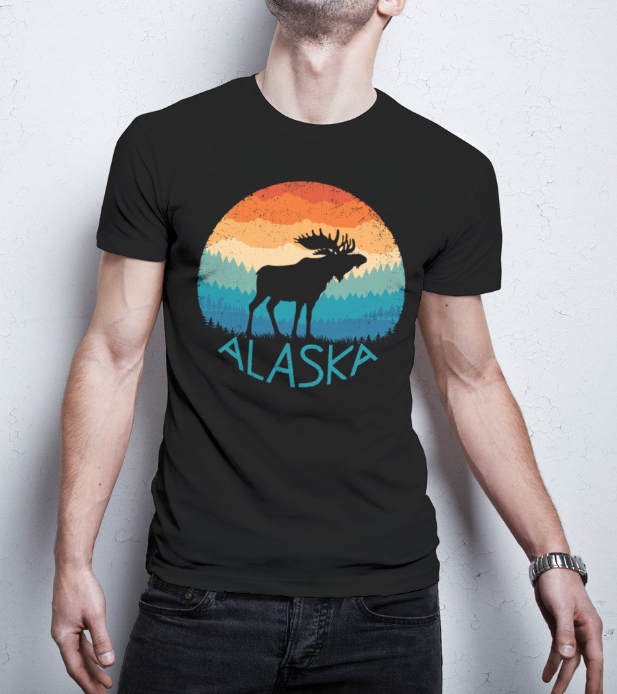 Alaska Retro Moose Vintage Mountain State Sunset Scene T-Shirt