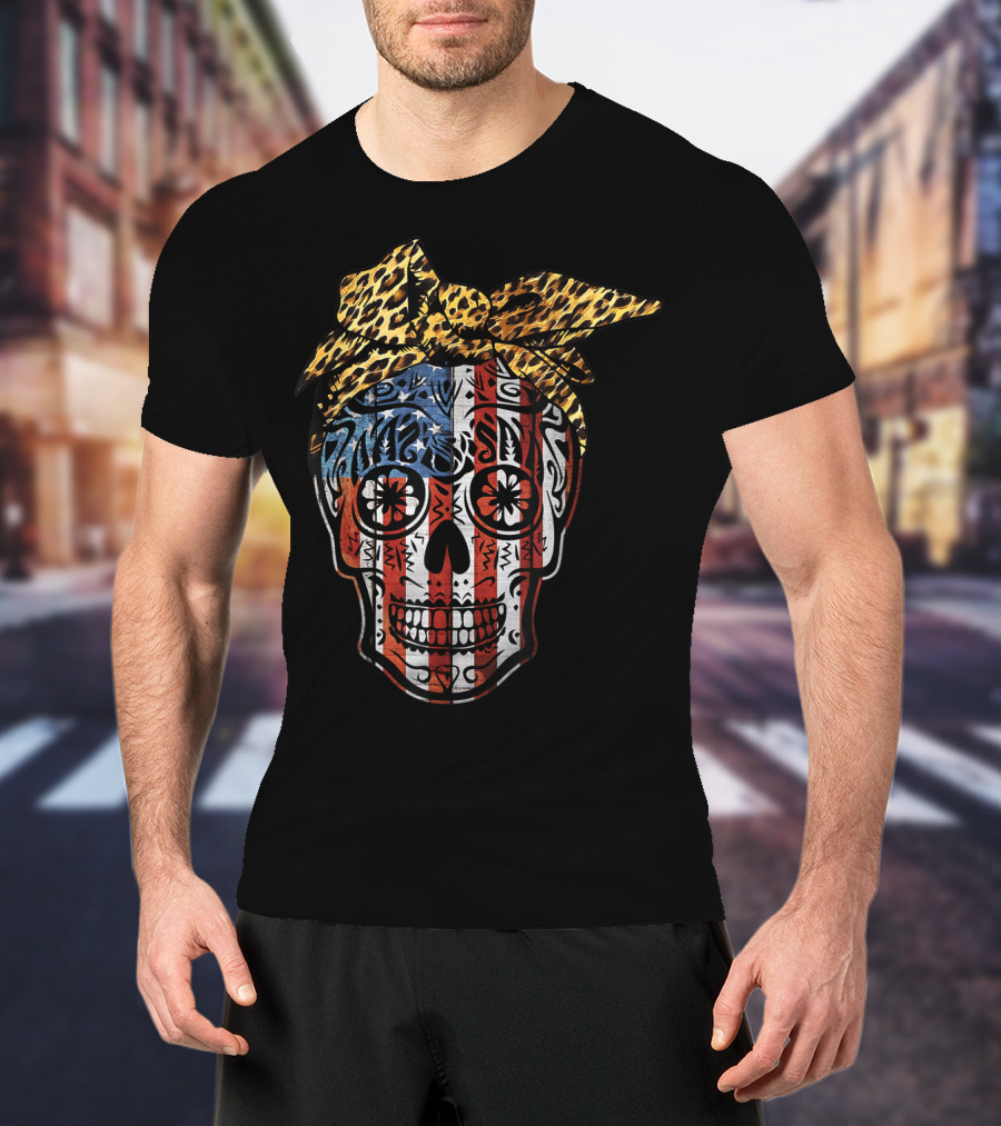 American Sugar Skull With Patriotic Stripes And Leopard Print Bow Fourth Of July T-Shirt