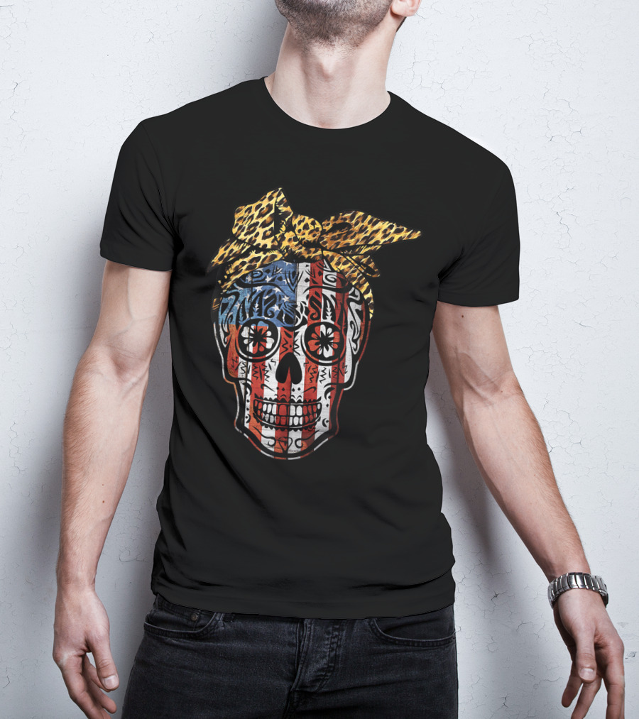 American Sugar Skull With Patriotic Stripes And Leopard Print Bow Fourth Of July T-Shirt
