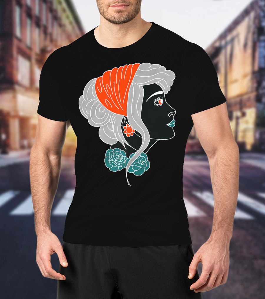American Traditional Tattoo Gypsy Woman With Orange Headscarf And Roses T-Shirt
