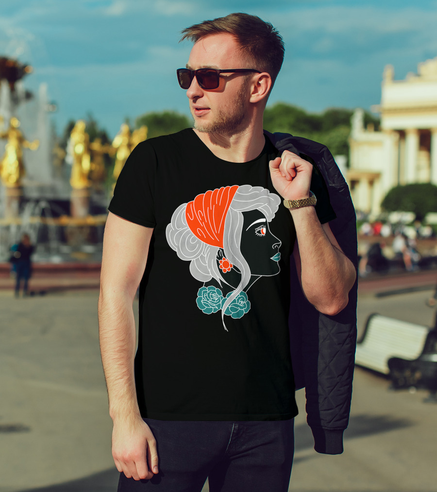American Traditional Tattoo Gypsy Woman With Orange Headscarf And Roses T-Shirt