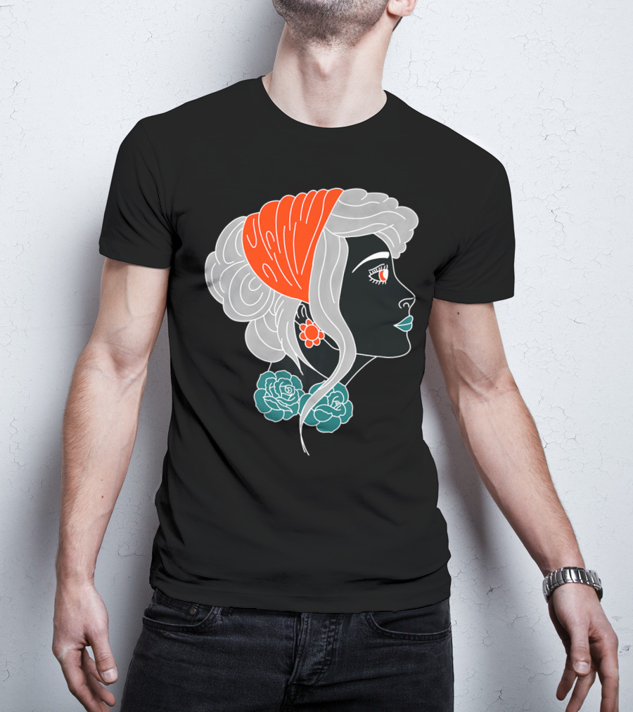 American Traditional Tattoo Gypsy Woman With Orange Headscarf And Roses T-Shirt