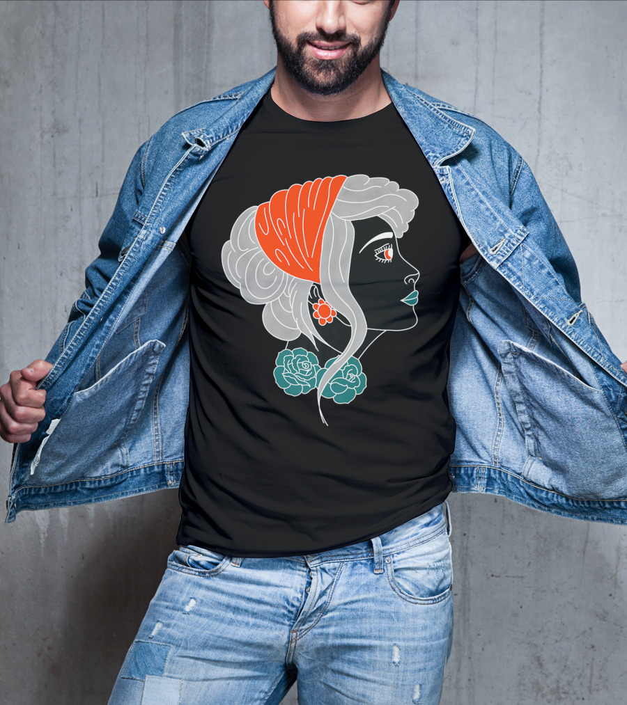 American Traditional Tattoo Gypsy Woman With Orange Headscarf And Roses T-Shirt
