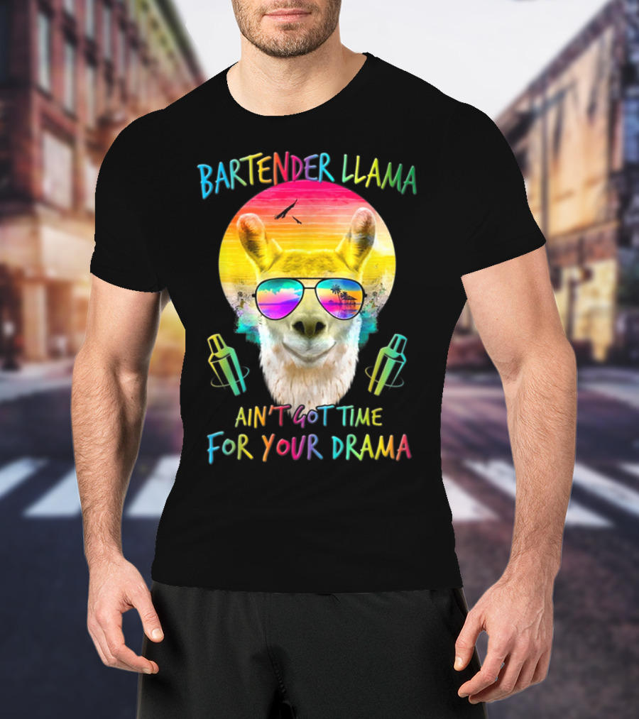 Bartender Llama Ain't Got Time For Your Drama Retro Sunset Vibes T-Shirt