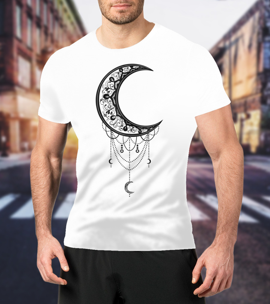 Beautiful Black Crescent Moon Dreamcatcher Design With Intricate Patterns And Hanging Beads T-Shirt