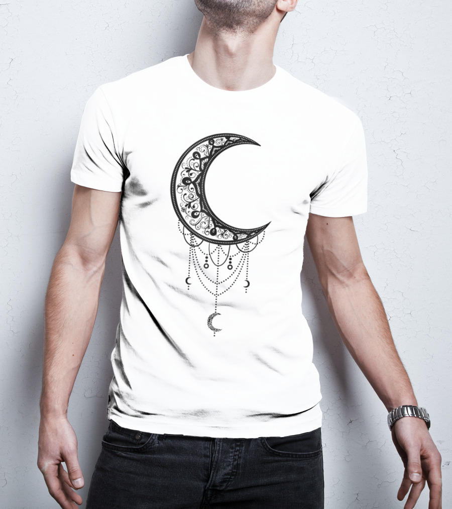 Beautiful Black Crescent Moon Dreamcatcher Design With Intricate Patterns And Hanging Beads T-Shirt