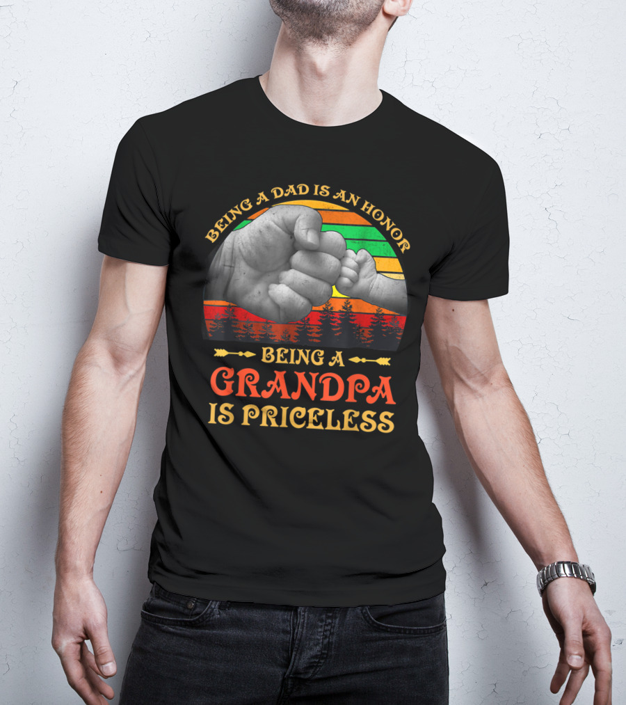 Being A Dad Is An Honor Being A Grandpa Is Priceless Fist Bump Retro Sunset T-Shirt