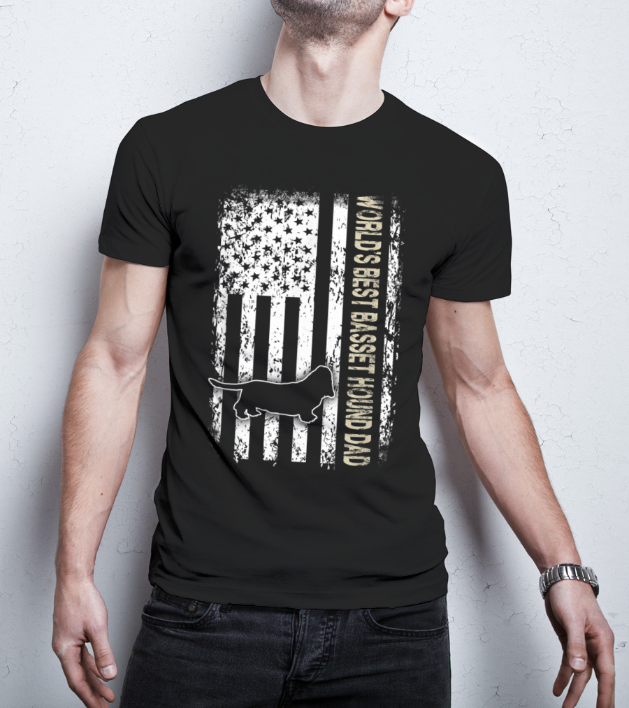 World's Best Basset Hound Dad Patriotic USA Flag T-Shirt