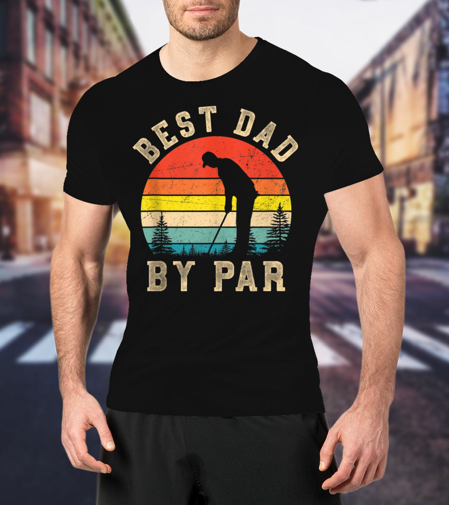 Best Dad By Par Daddy Golf Lover Golfer Retro Vintage Sunset T-Shirt